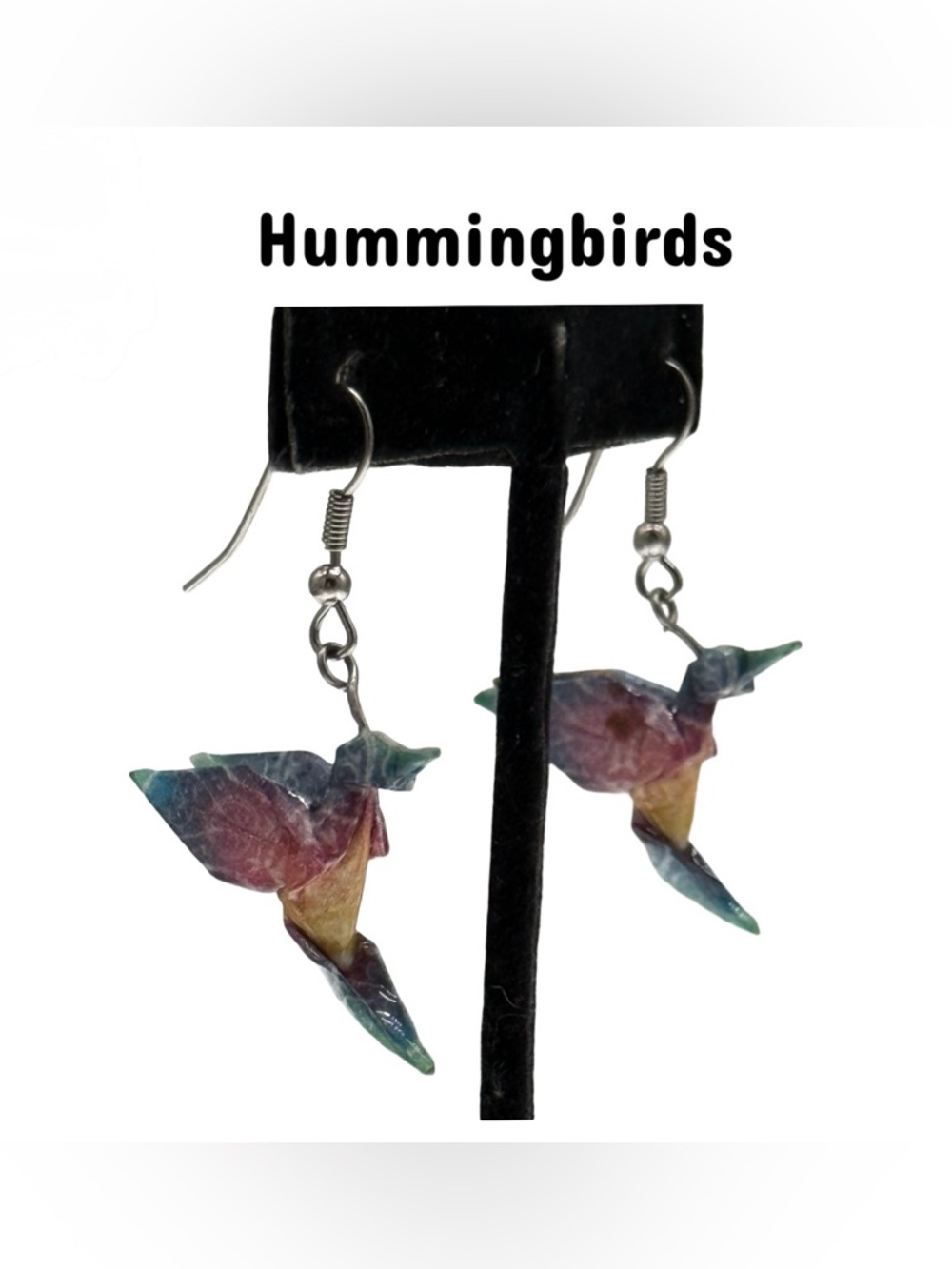 Handmade Origami Hummingbird Earrings - Colorful Lacquered Paper Bird Jewelry